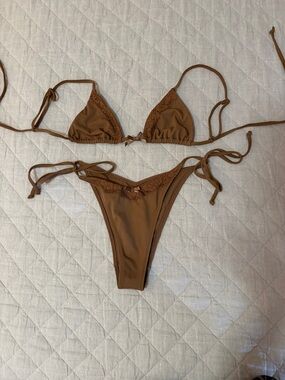 Pac Sun Brown Lace-Trim Triangle String Bikini Set